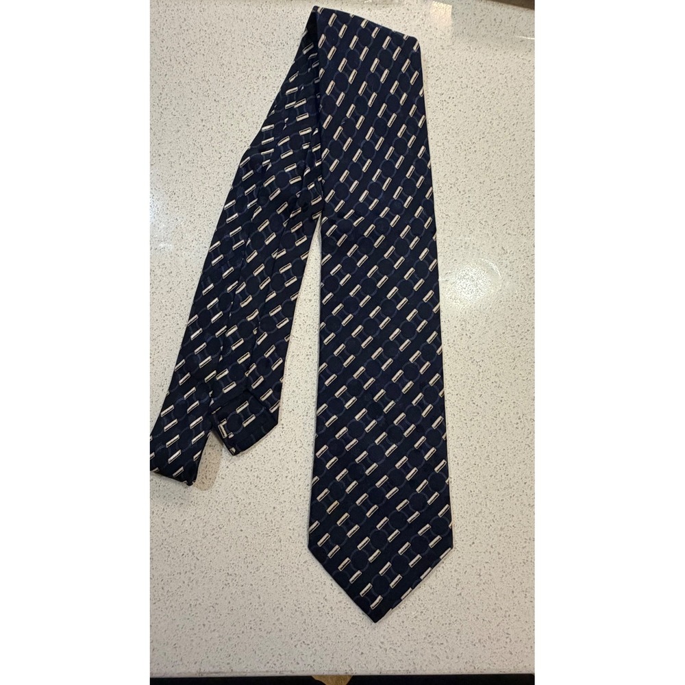 Brioni Mens Silk Necktie Navy Blue Cream Geometric Circles Italy Luxury Tie